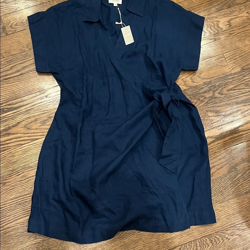 Haven L linen NWT Navy Short Sleeve Wrap Dress with Waist Tie
